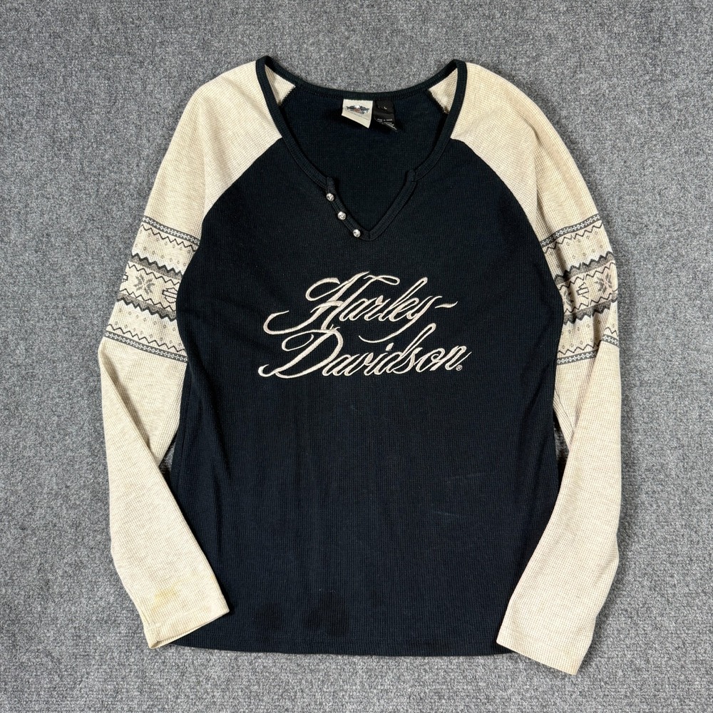 Harley Davidson Thermal Long Sleeve Henley Shirt Black Cream Womens Size Large